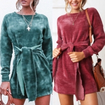 Fashion Solid Color Long Sleeve Round Neck Lace-up Dress