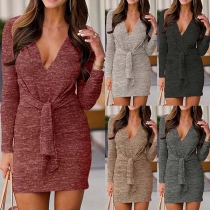 Fashion Solid Color Deep V-neck Long Sleeve Girdling Slim Fit Dress
