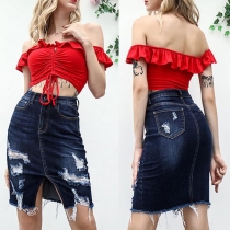 Fashion Solid Color Side Slit Hemline Pockets Over-hip Denim Skirt