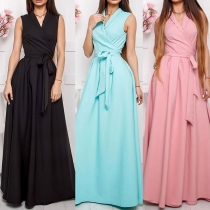 Elegant Solid Color Sleeveless V-neck High Waist Party Dress