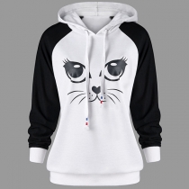 Cute Cat Printed Long Sleeve Contrast Color Hoodie