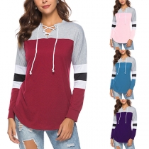 Fashion Contrast Color Long Sleeve Lace-up V-neck T-shirt