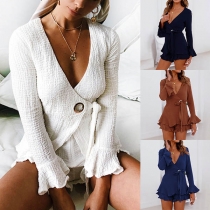 Sexy Deep V-neck Trumpet Sleeve  Top + Shorts Two-piece Set