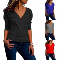 Fashion Solid Color Long Sleeve V-neck T-shirt