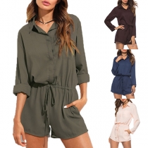 Fashion Solid Color Long Sleeve POLO Collar Romper