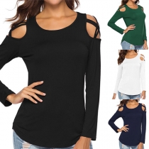 Sexy Off-shoulder Long Sleeve Round Neck Solid Color T-shirt 
