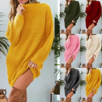 Fashion Solid Color Long Sleeve Round Neck Loose Sweater Dress