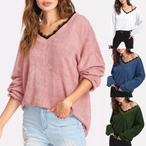 Fashion Solid Color Deep V-neck Long Sleeve Lace Spliced Knitted Shirt