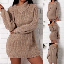 Fashion Solid Color High Neck Oblique Zipper Long Puff Sleeve Thick Dress