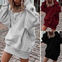 Fashion Solid Color Long Sleeve Pockets Thick Hooded Sweatshirt