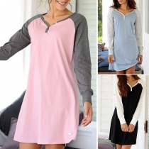 Fashion Contrast Color Round-neck Long Sleeve Dress 