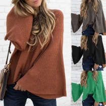 Fashion Solid Color Round-neck Long Trumpet Sleeve Knitted Sweater 