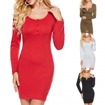 Fashion Solid Color Round-neck Long Sleeve Over-hip Dress