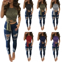 Fashion Solid Color Round-neck Sleeveless Lace-up Slim Fit Top