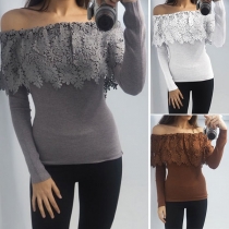 Fashion Boat-neck Off-shoulder Long Sleeve Embroidered Pattern Slim Fit Top