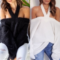 Fashion Sling Solid Color Off-shoulder Long Sleeve Thick Sweater 