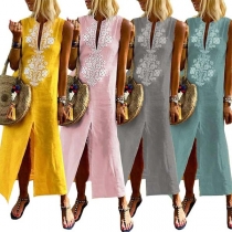 Fashion Sleeveless V-neck Slit Hem Printed Dress