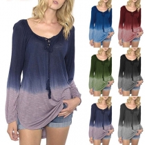 Fashion Color Gradient Long Sleeve Lace-up T-shirt