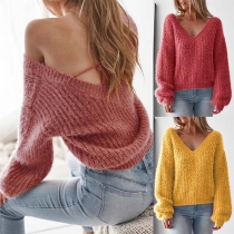 Sexy Backless V-neck Long Sleeve Solid Color Sweater