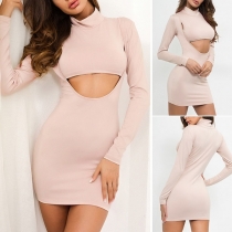 Sexy Front Hollow Out Long Sleeve Mock Neck Slim Fit Dress