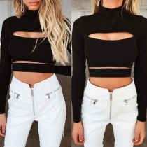 Sexy Long Sleeve Mock Neck Solid Color Hollow Out Crop Top