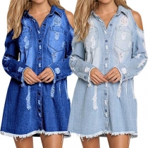 Sexy Off-shoulder Long Sleeve POLO Collar Ripped Denim Dress