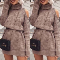 Sexy Off-shoulder Long Sleeve Turtleneck Solid Color Sweater Dress