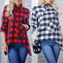 Fashion Long Sleeve Side-button Irregular Hem Plaid Shirt