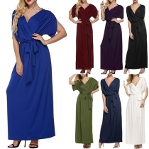 Sexy Deep V-neck Short Sleeve High Waist Solid Color Party Dress