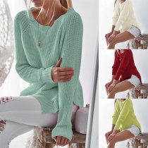 Fashion Solid Cololr Long Sleeve Round Neck Slit Hem Sweater