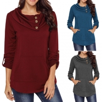 Fashion Solid Color Long Sleeve Oblique Collar Front Pocket Sweatshirt