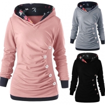 Fashion Printed Spliced Long Sleeve Side-buttons Wrinkled Hoodie