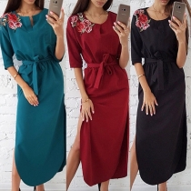 Fashion Solid Color Sleeve Slit Hem Embroidered Spliced Dress