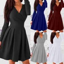 Elegant Solid Color Long Sleeve V-neck High Waist Dress