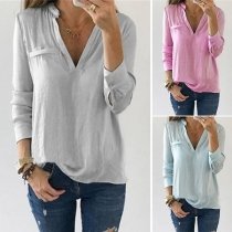 Fashion Solid Color Long Sleeve V-neck Loose Blouse