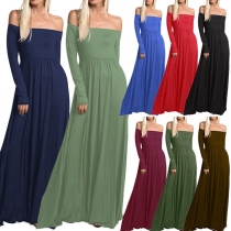 Sexy Off-shoulder Long Sleeve High Waist Solid Color Party Dress