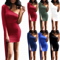 Sexy One-shoulder Slit Long Sleeve Solid Color Slim Fit Party Dress
