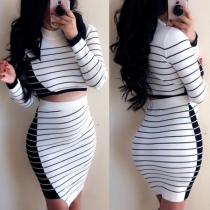 Fashion Long Sleeve Striped Crop Top + High Waist Skirt Two-piece Set