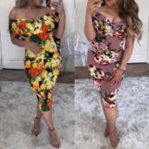 Sexy Off-shoulder Boat Neck Slim Fit Printed Dress