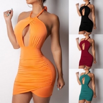 Sexy Backless Hollow Out Solid Color Slim Fit Halter Dress