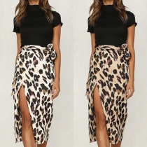 Fashion High Waist Slit Hem Leopard Print Skirt