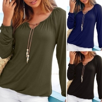 Fashion Solid Color Long Sleeve Lace-up Round Neck T-shirt