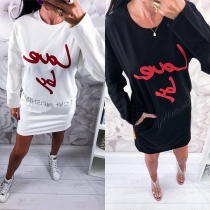 Fashion Letters Printed Long Sleeve Round Neck T-shirt Dress