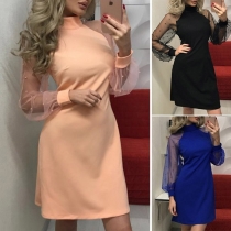 Sexy See-through Gauze Spliced Long Sleeve Slim Fit Dress