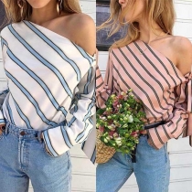 Sexy Oblique Shoulder Lace-up Bowknot Long Sleeve Striped Top