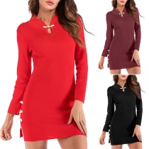 Retro Style Long Sleeve Stand Collar Slim Fit Slim Fit Cheongsam Dress