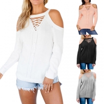 Sexy Off-shoulder Long Sleeve Hollow Out Solid Color Sweater