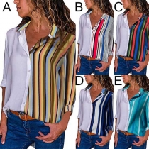 Fashion Contrast Color Long Sleeve POLO Collar Striped Shirt