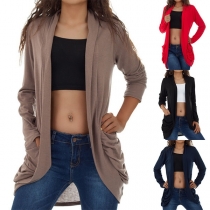 Fashion Solid Color Long Sleeve Wrinkled Pockets Cardigan