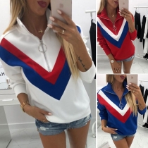 Fashion Contrast Color Long Sleeve Zipper Stand Collar Sweatshirt